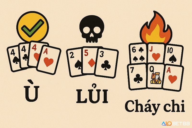Tập hợp các thuật ngữ như “ù”, “lủi”, “cháy chi” trong cách đánh bài mậu binh.