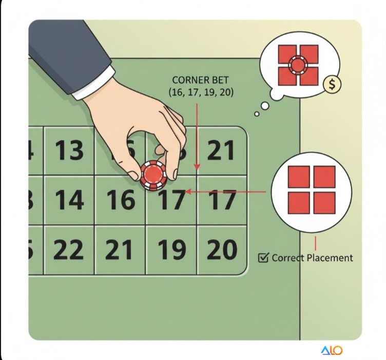 Người chơi đặt chip cược góc tại giao điểm của bốn số trên bàn roulette, đảm bảo chip không chạm các đường khác