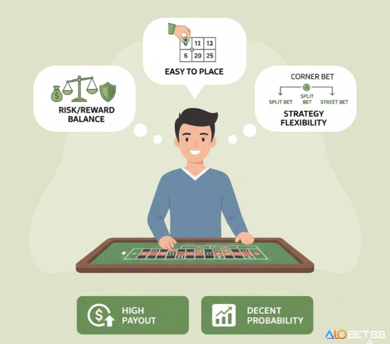 Người chơi roulette xem xét các ưu điểm của cược góc như cân bằng rủi ro, dễ đặt và linh hoạt chiến thuật