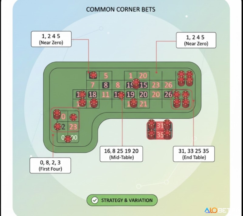 Các cụm số hay được chọn khi thực hiện corner bet roulette