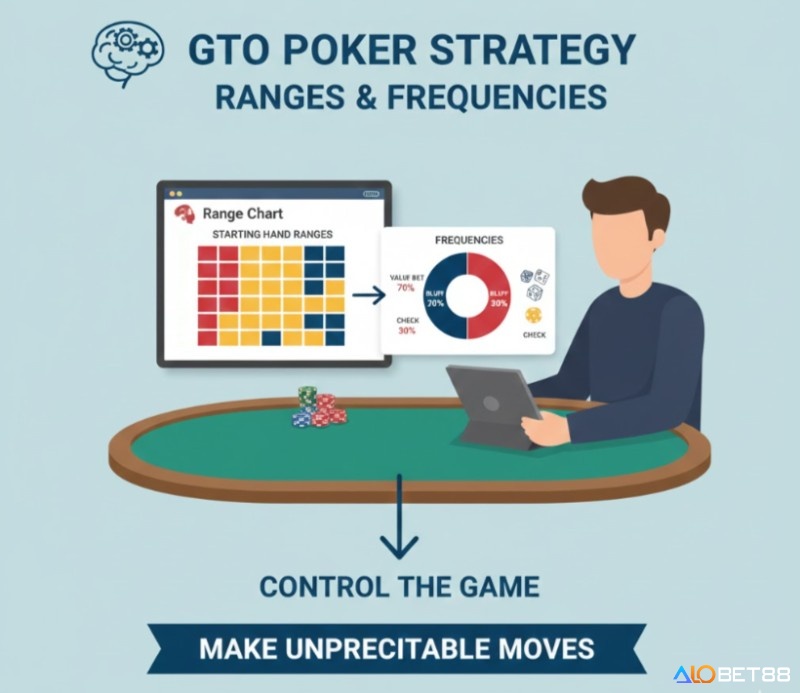Người chơi Poker áp dụng chiến lược GTO bằng cách phân tích phạm vi bài (ranges) và tần suất hành động (frequencies) để kiểm soát ván đấu