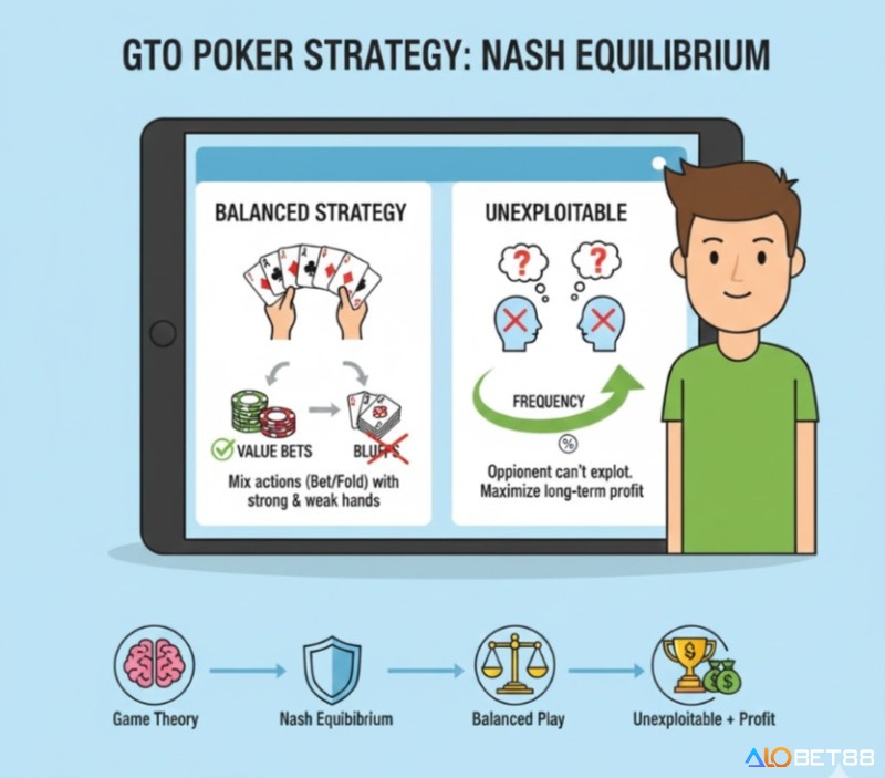 Người chơi Poker tìm hiểu nguyên tắc cốt lõi của GTO Poker: cân bằng Nash và các chiến lược cân bằng, giúp thực hiện hành động với tần suất cụ thể để không bị khai thác
