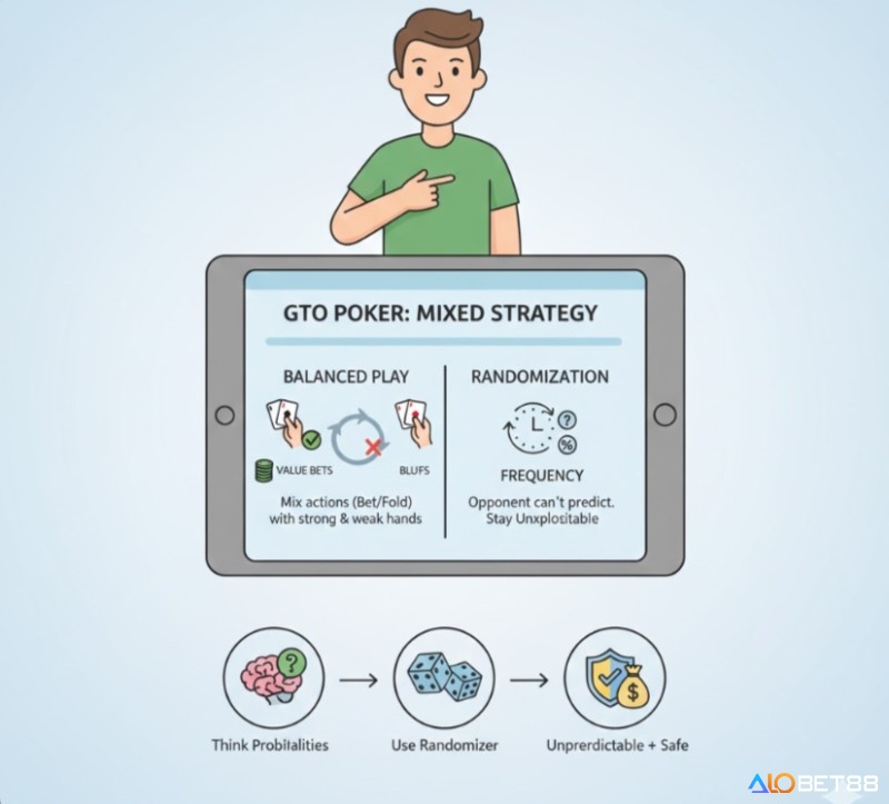 Người chơi Poker tìm hiểu chiến lược hỗn hợp và tầm quan trọng của sự ngẫu nhiên trong GTO Poker để thực hiện các hành động khác nhau theo tỷ lệ cụ thể, khiến đối thủ khó dự đoán