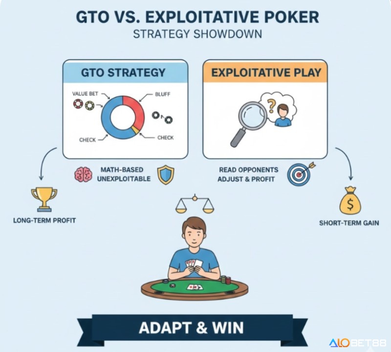 Người chơi Poker so sánh chiến lược GTO và chơi bóc lột (Exploitative Play) để linh hoạt áp dụng, tối đa hóa lợi nhuận