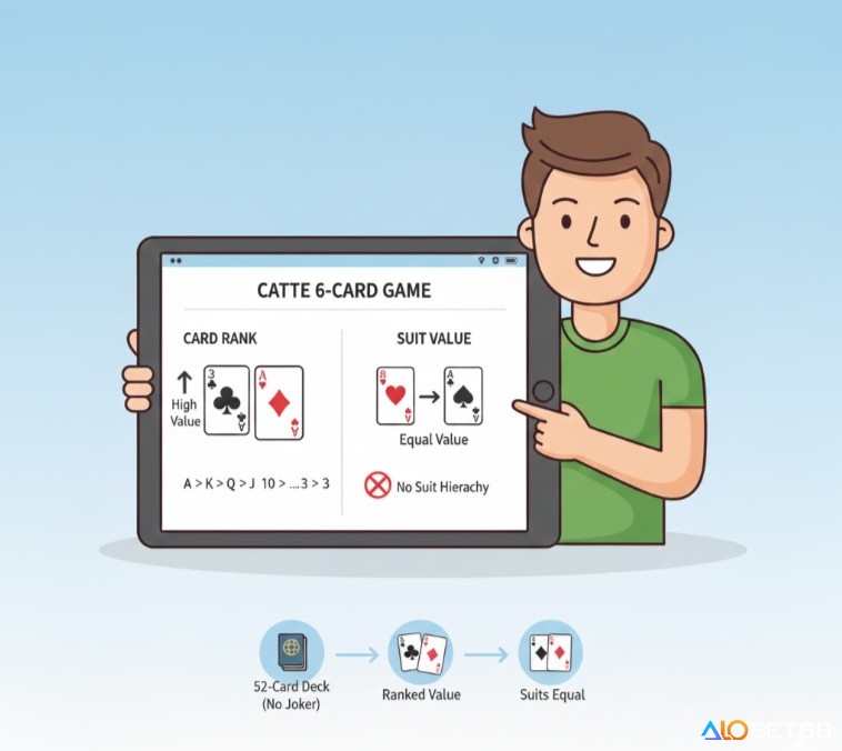 Người chơi Catte 6 lá tìm hiểu bộ bài Tây 52 lá (bỏ Joker) và giá trị các lá bài từ 3 (thấp nhất) đến A (cao nhất)