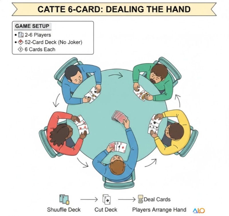 Người chơi học cách chia bài Catte 6 lá cho 2-6 người, với quy trình xáo, cắt và chia bài lần lượt 6 lá cho mỗi người