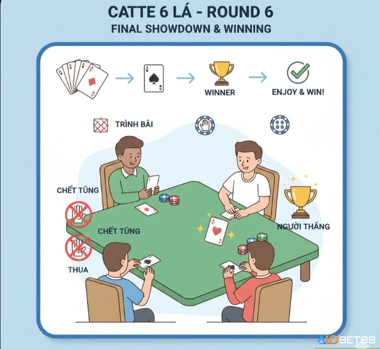 Người chơi Catte ở vòng 6 trình bài, so sánh lá tùng để phân định thắng thua, hoặc thắng tự động nếu không còn đối thủ