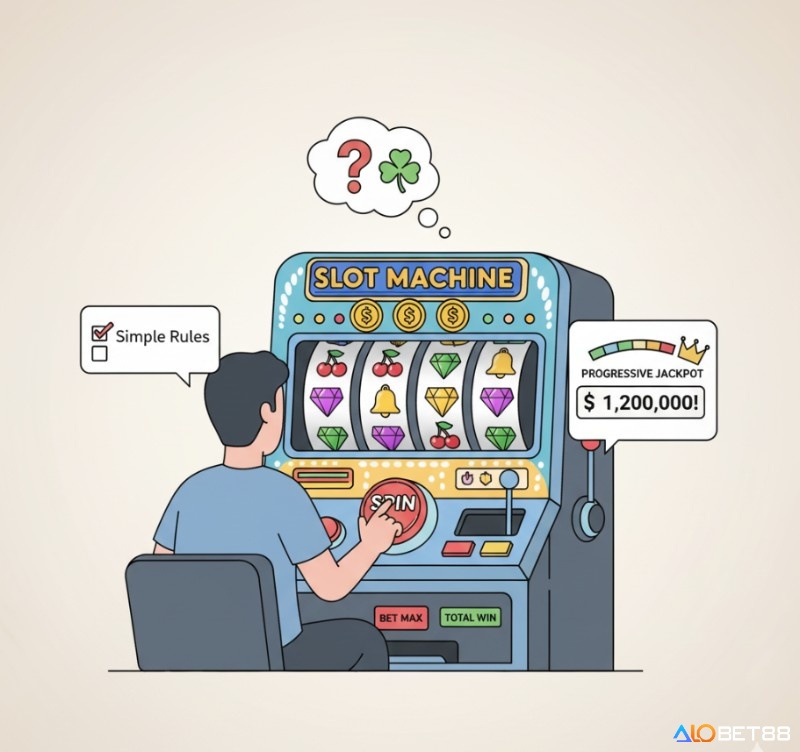 Người chơi nhấn nút quay Slot game, và chờ đợi sự may mắn từ các biểu tượng, có cơ hội trúng Jackpot