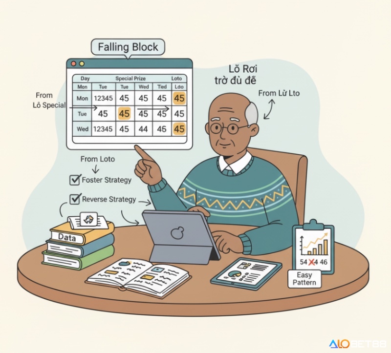 Người chơi lô tô đang kiểm tra bảng số liệu để nhận diện cầu lô rơi từ đề hoặc từ lô, áp dụng chiến thuật nuôi hoặc đánh ngược
