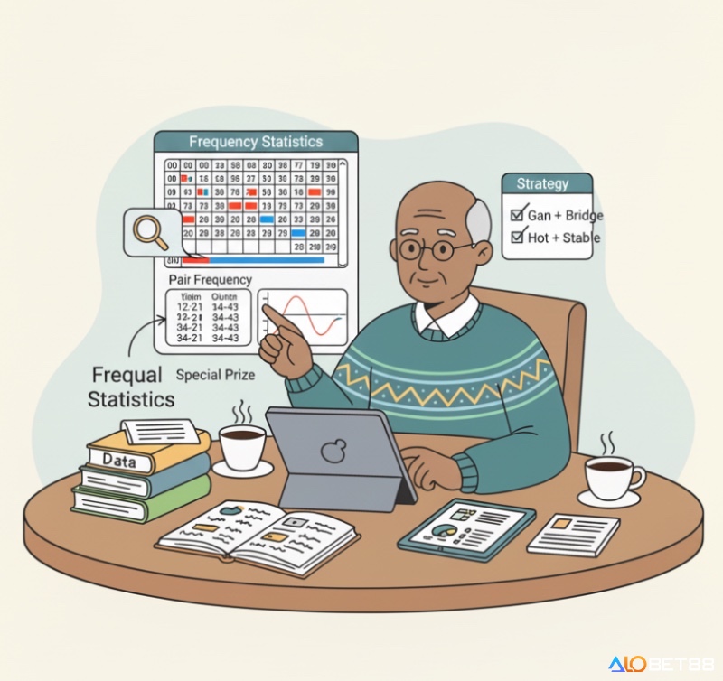 Người chơi lô tô đang phân tích bảng thống kê tần suất để nắm bắt chu kỳ số, bao gồm lô gan, lô nóng và các cặp số
