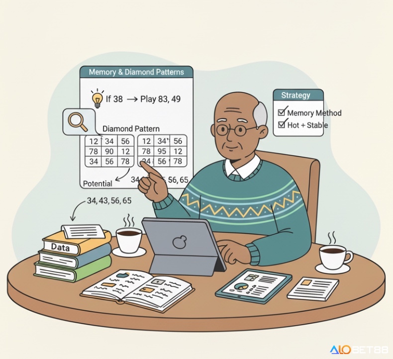 Người chơi lô tô đang phân tích bảng kết quả, áp dụng phương pháp bạc nhớ và hình quả trám để đưa ra dự đoán
