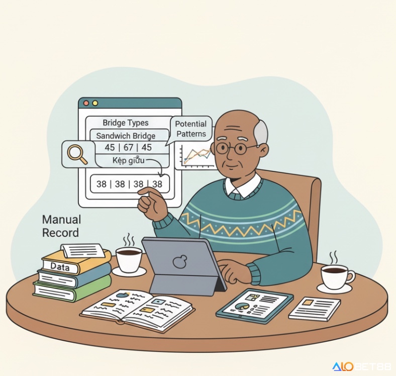 Người chơi lô tô đang xem bảng số liệu để nhận diện các dạng cầu kẹp, cầu bệt và những mẫu hình lặp lại phổ biến