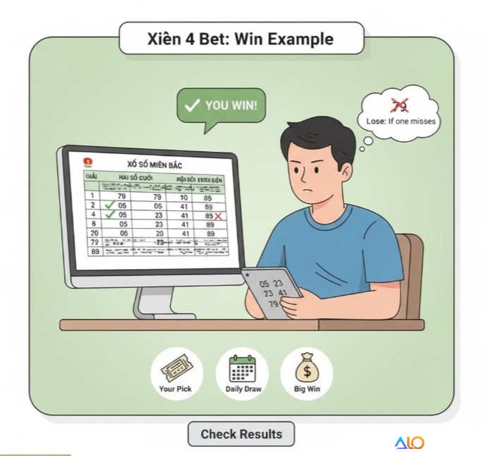 Người chơi lô đề đang chọn 4 cặp số và kiểm tra kết quả xổ số kiến thiết, xác định thắng thua trong lô xiên bốn