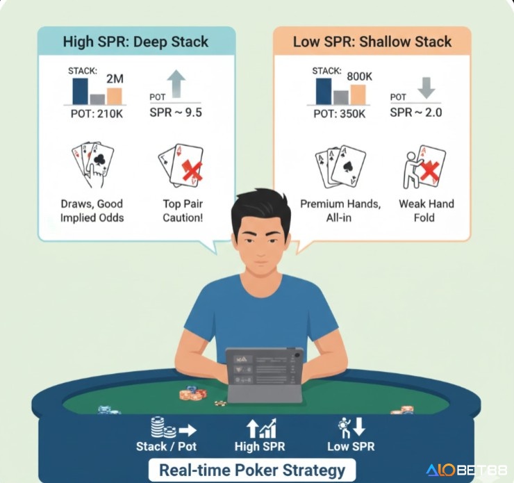 Người chơi poker đang tính toán SPR trong các tình huống thực tế, phân tích pot nhỏ/stack sâu và pot lớn/stack nông để đưa ra quyết định