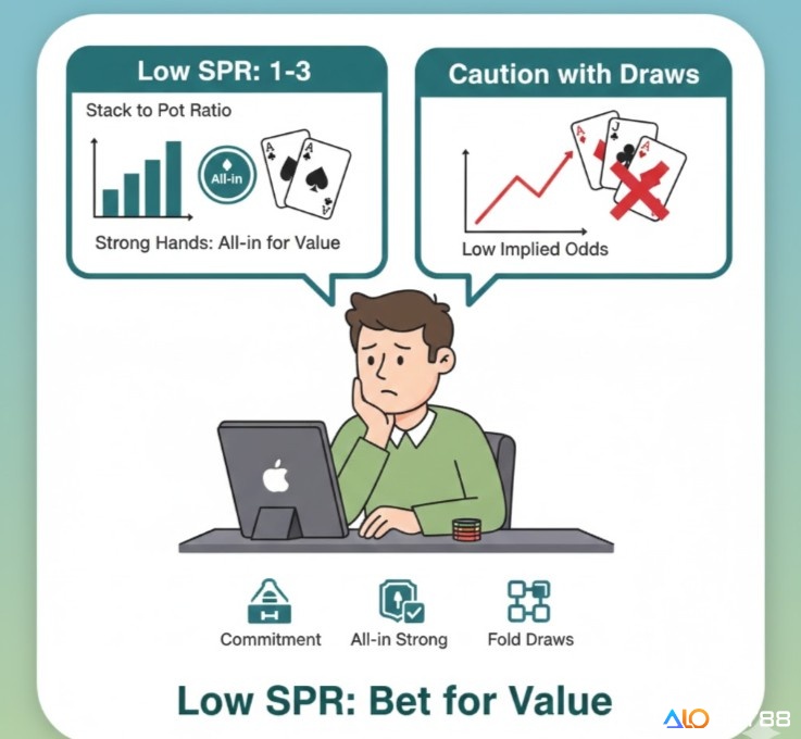 Người chơi poker đang đánh giá SPR thấp (1-3), quyết định tố tất với bài mạnh và cẩn trọng với bài chờ