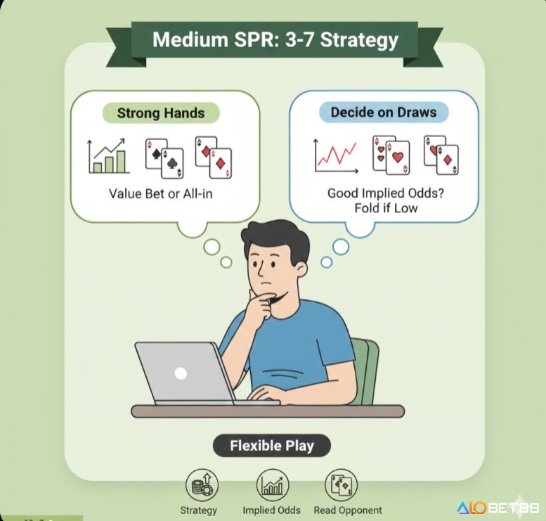 Người chơi poker đang đánh giá SPR trung bình (3-7), lựa chọn chiến lược linh hoạt cho bài mạnh và cân nhắc bài chờ