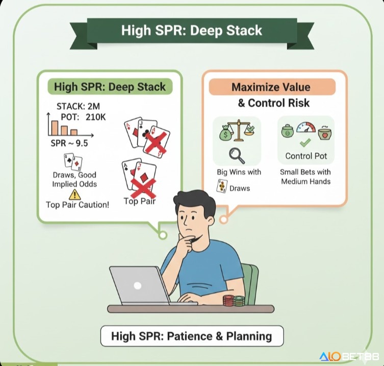 Người chơi poker đang đánh giá SPR cao (7+), tối ưu hóa giá trị với bài chờ mạnh và cẩn trọng với bài mạnh trung bình