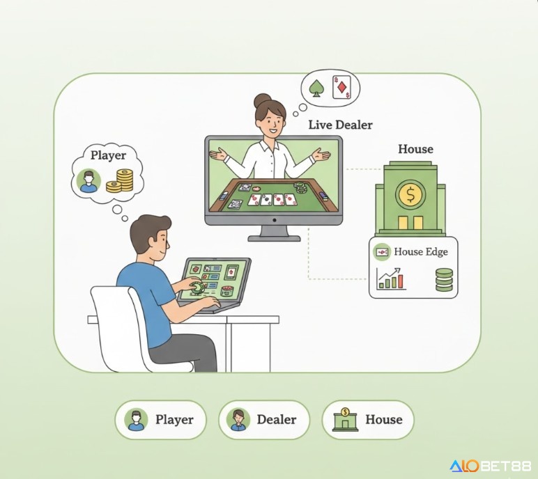 Người chơi casino đang hiểu các vai trò Player, Dealer và House, tương tác trong môi trường cá cược trực tuyến