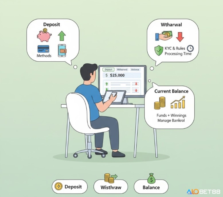 Người chơi casino đang quản lý giao dịch nạp/rút tiền và kiểm tra số dư tài khoản chơi game trực tuyến
