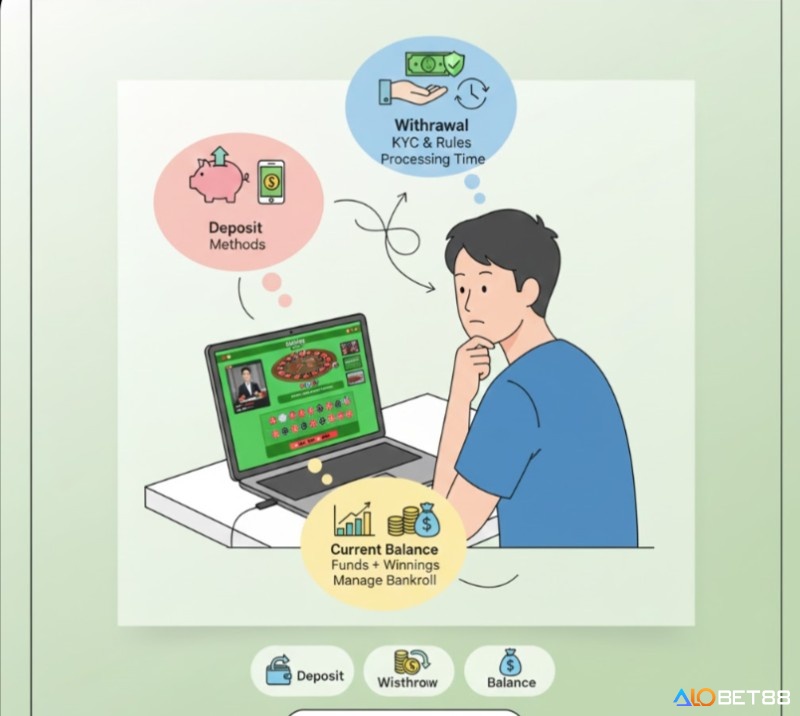 Người chơi casino đang tính toán tiền cược (stake), cược tối thiểu/tối đa và tỷ lệ trả thưởng (payout rate) để quản lý rủi ro và lợi nhuận