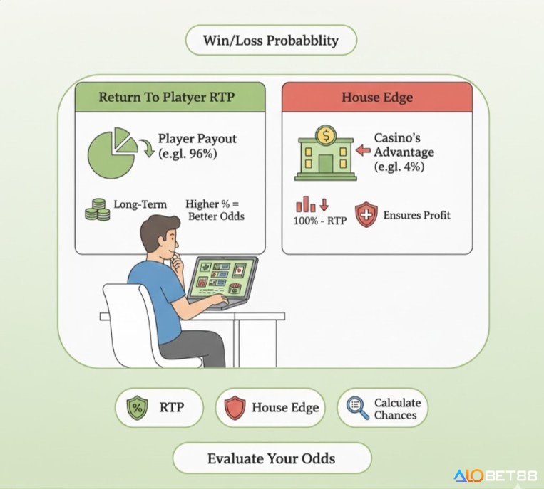 Người chơi casino đang so sánh tỷ lệ hoàn trả người chơi (RTP) và lợi thế nhà cái (House Edge), đánh giá cơ hội thắng và rủi ro