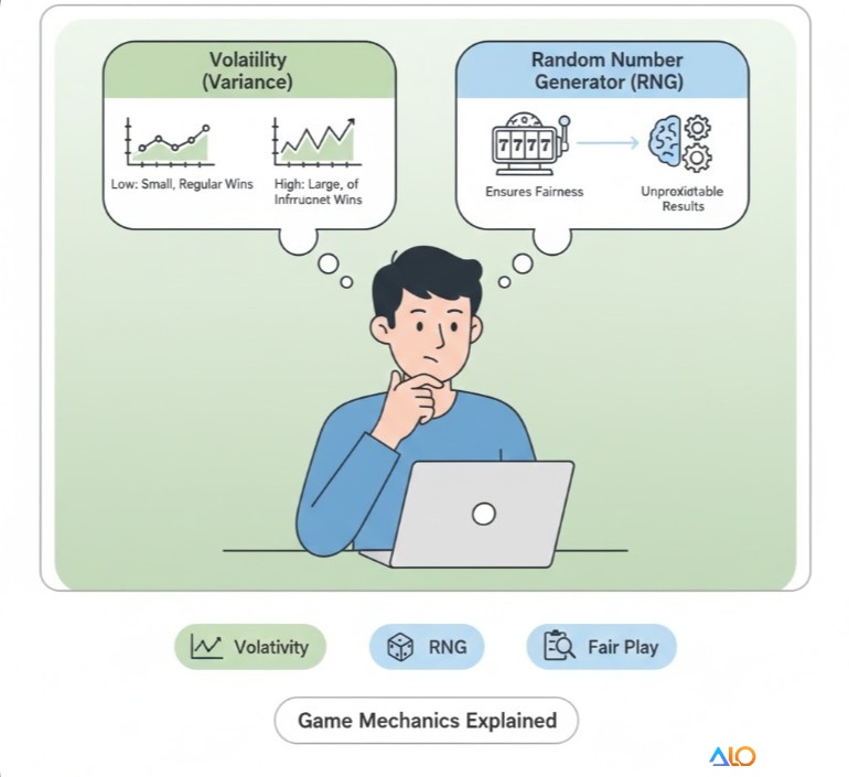 Người chơi casino đang tìm hiểu về độ biến động (volatility) và bộ tạo số ngẫu nhiên (RNG) để hiểu rõ hơn về tính công bằng của game