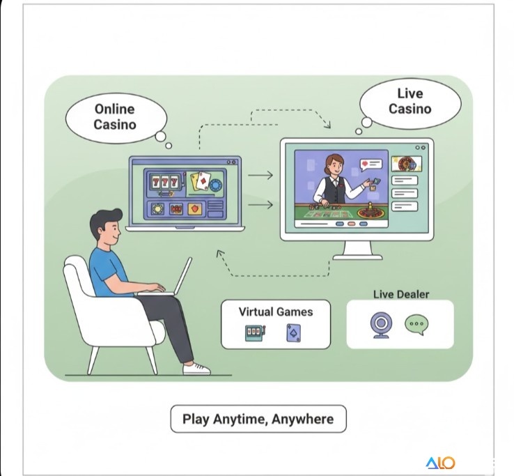 Người chơi đang trải nghiệm sòng bạc trực tuyến và sòng bạc trực tiếp (Live Casino), tận hưởng sự tiện lợi và tương tác chân thực qua internet