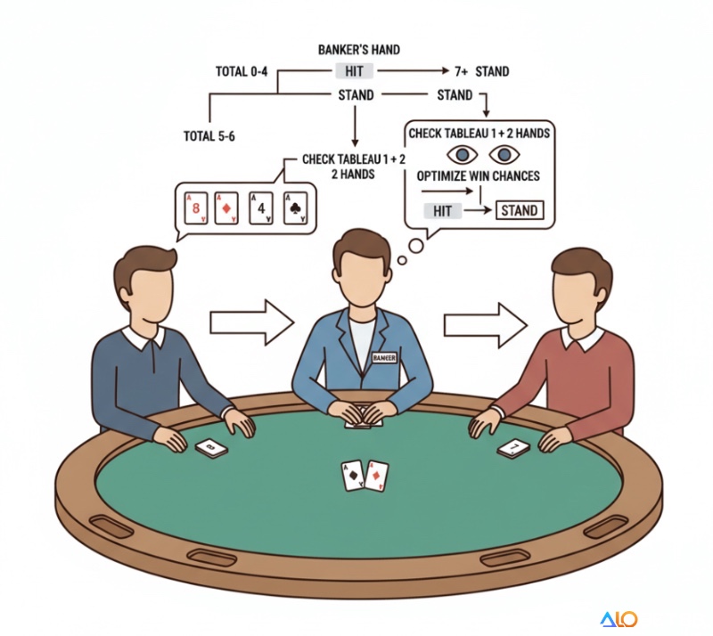 Banker trong baccarat Banque cân nhắc rút bài thứ ba để đối phó với hai cửa Tableau và tối ưu cơ hội thắng