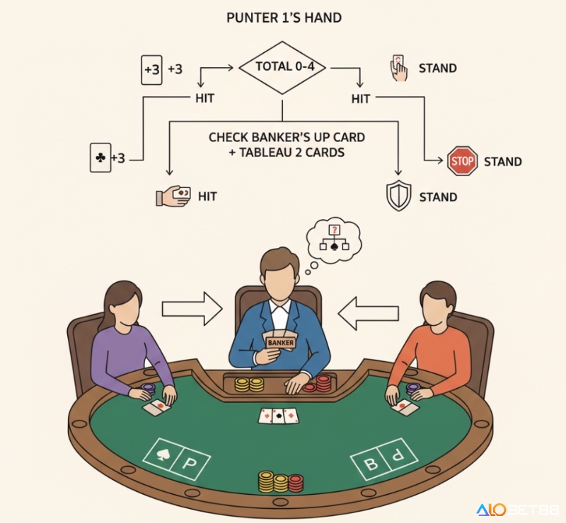 Người chơi baccarat Banque ra quyết định rút bài (Hit) hoặc dừng (Stand) dựa trên tổng điểm và bài của Banker