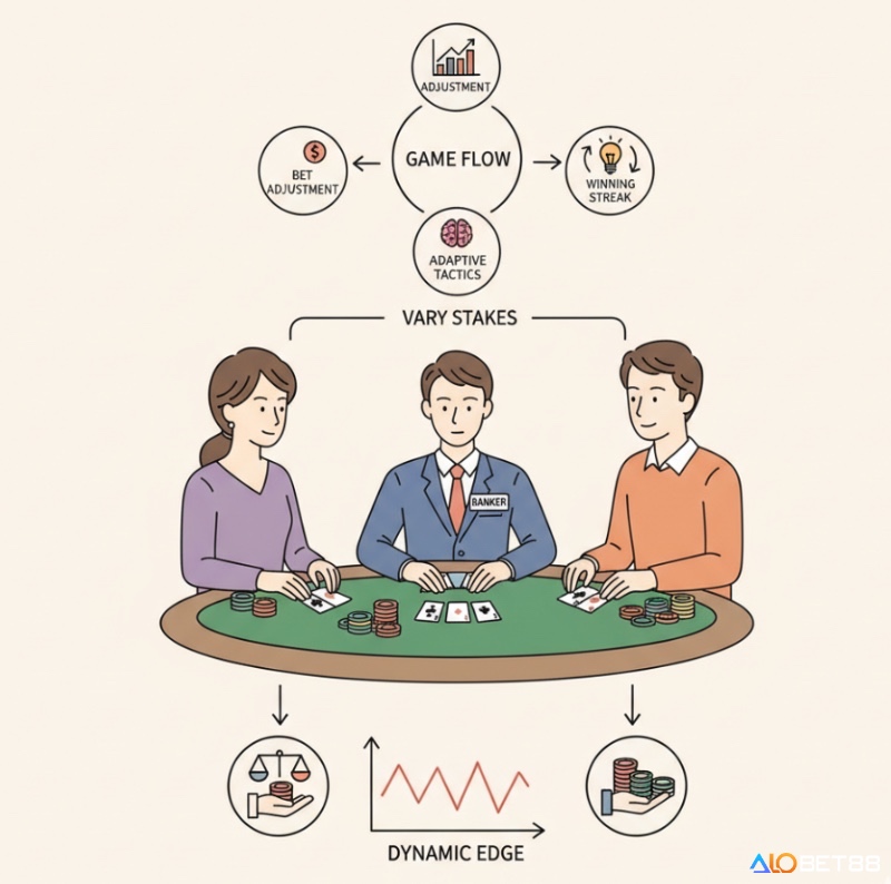 Người chơi baccarat Banque điều chỉnh chiến thuật và mức cược dựa trên dòng chảy của ván bài và sự thay đổi lợi thế