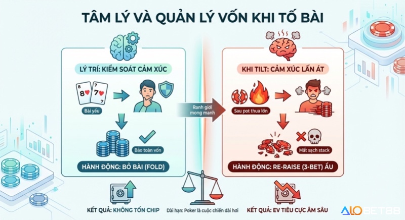 Phân tích so sánh tâm lý và quản lý vốn khi tố bài, làm rõ hành động fold lý trí giúp bảo toàn vốn và re-raise ẩu khi tilt gây EV tiêu cực sâu