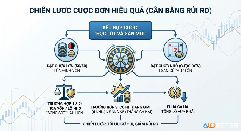 Sơ đồ chiến lược áp dụng cược đơn hiệu quả "Bọc lót và săn mồi" giúp cân bằng rủi ro, tăng khả năng sống sót và tối ưu lợi nhuận đáng kể