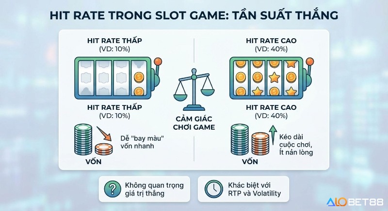 Bảng so sánh Hit Rate là gì trong slot, minh họa tần suất thắng thấp (10%) và cao (40%) ảnh hưởng đến vốn và trải nghiệm người chơi