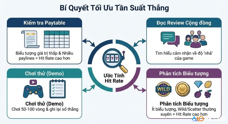 Hướng dẫn chiến lược tối ưu tần suất thắng bằng cách ước tính Hit Rate qua Paytable, review cộng đồng, chơi demo và phân tích biểu tượng