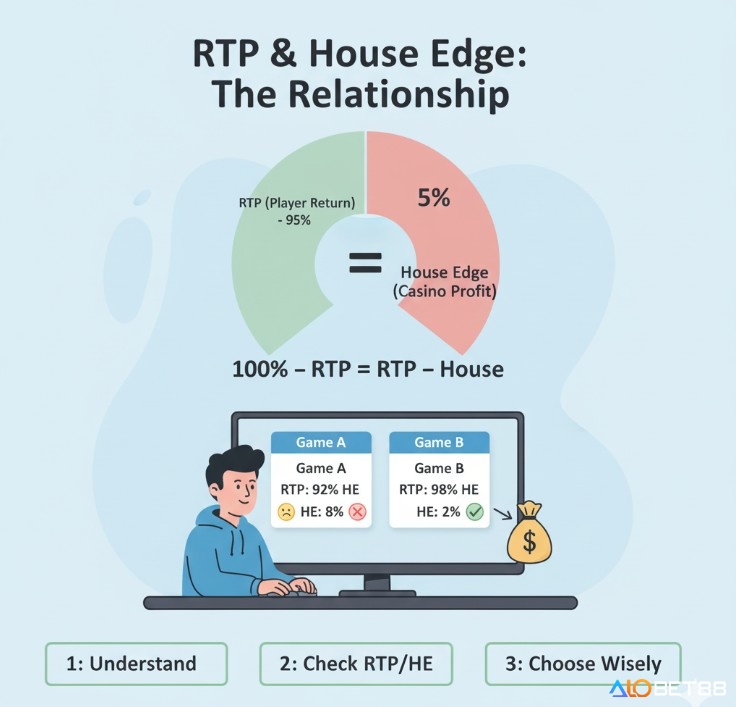 Người chơi tìm hiểu mối liên hệ giữa House Edge và RTP (Return to Player) trong trò chơi slot để đánh giá tiềm năng sinh lời