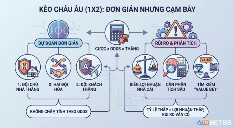 Sơ đồ giải thích kèo Châu Âu (1X2), từ cách dự đoán đơn giản đến các cạm bẫy, rủi ro và cách tìm value bet