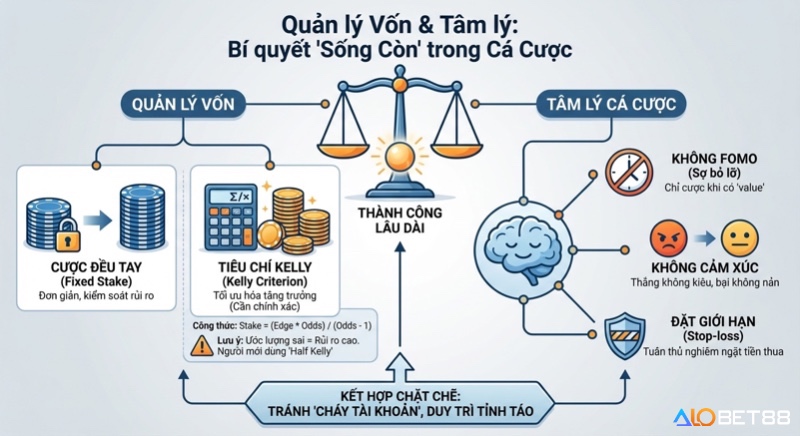 Sơ đồ chiến lược quản lý vốn (Fixed Stake, Kelly Criterion) và tâm lý cá cược, bí quyết sống còn tránh cháy tài khoản