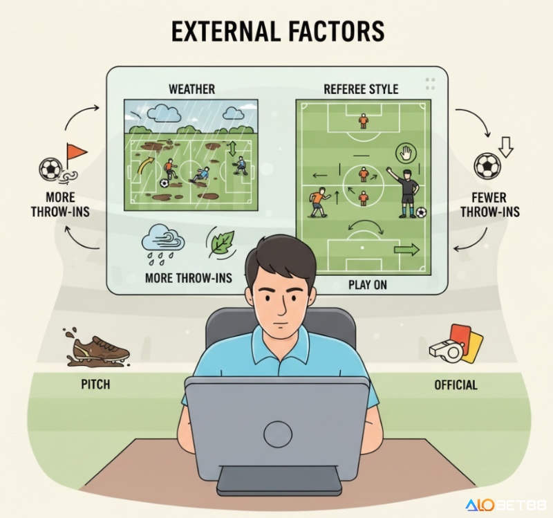 Người chơi bóng đá theo dõi các yếu tố thời tiết và trọng tài để ảnh hưởng đến các tình huống ném biên