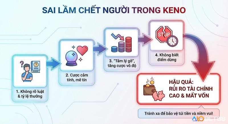 Chuỗi 4 sai lầm chết người khi chơi từ không rõ luật chơi Keno cơ bản nhất, cược cảm tính đến tăng cược vô độ và không biết dừng, dẫn đến rủi ro tài chính cao