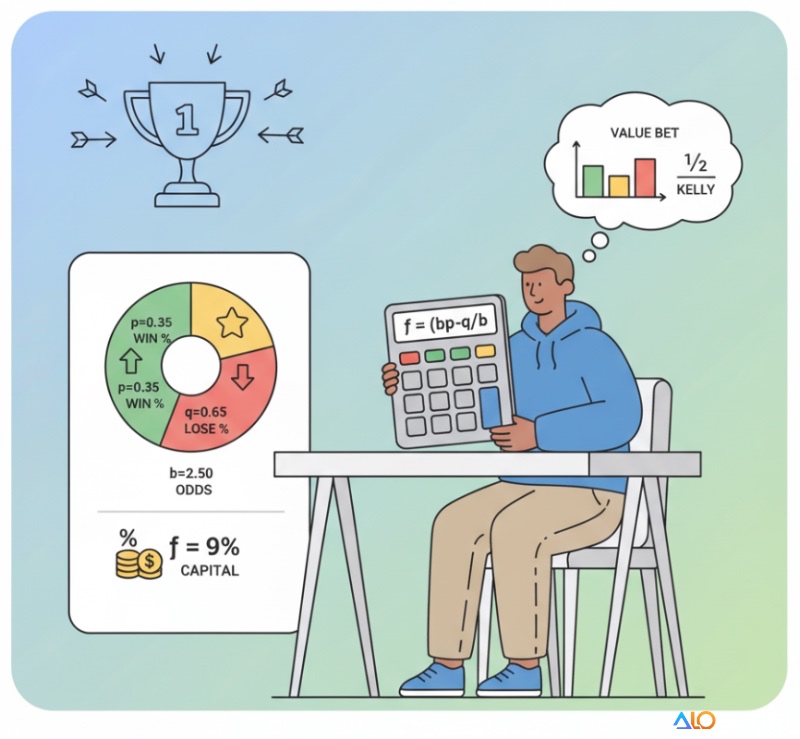 Người đang tính toán công thức Kelly để tối ưu hóa tỷ lệ đặt cược, phân tích xác suất thắng và tỷ lệ thưởng