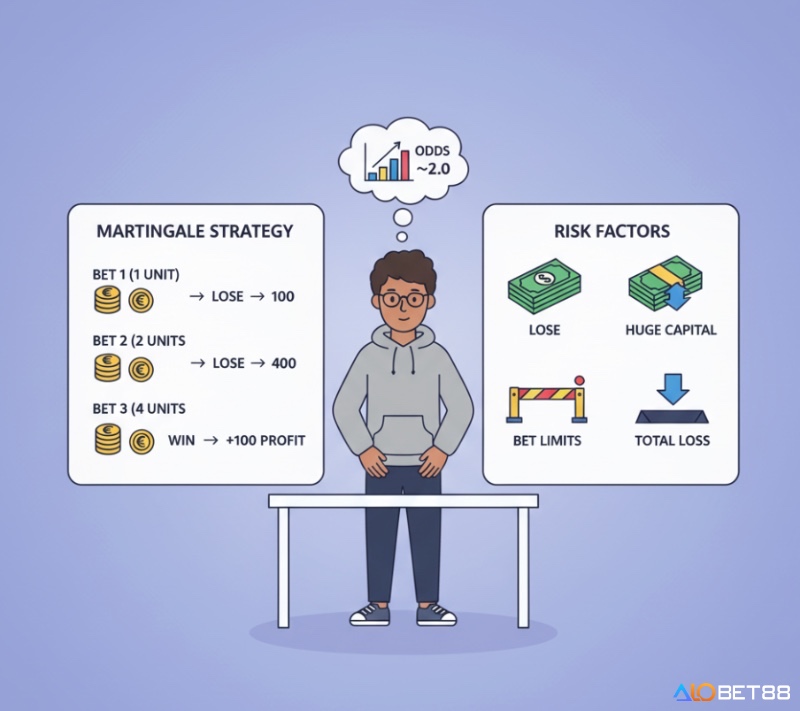Người đang phân tích hệ thống cược Martingale với các mức cược tăng gấp đôi và rủi ro thua lỗ