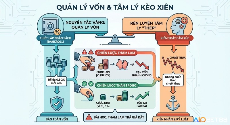 Tổng quan nguyên tắc quản lý vốn và tâm lý thép cho kèo xiên, so sánh rủi ro cược lớn gây cạn vốn với cược nhỏ giúp bảo toàn 0.5-2% bankroll