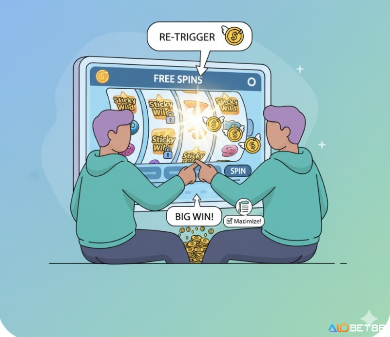 Người chơi tận dụng vòng quay miễn phí để kích hoạt Sticky Wild, tối đa hóa tiền thưởng trong game slot