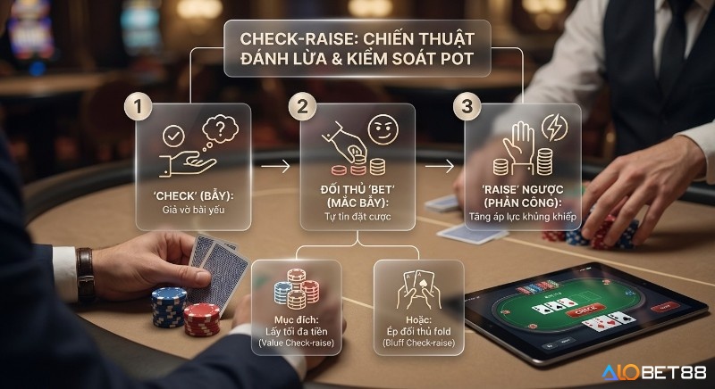 Quy trình 3 bước triển khai chiến thuật Check-raise trong Poker để đánh lừa đối thủ, kiểm soát pot và ép fold trong check-raise là gì