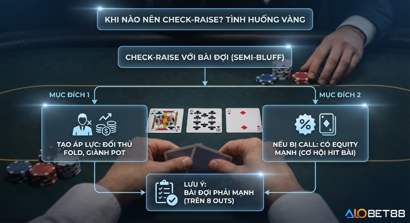 Sơ đồ chiến lược check-raise bài đợi (semi-bluff) trong tình huống vàng để tạo áp lực, đảm bảo equity mạnh (trên 8 outs)