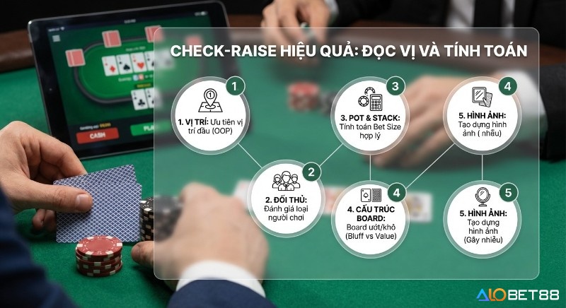 Checklist 5 yếu tố quyết định check-raise hiệu quả: đọc vị, tính toán vị trí, đối thủ, pot, board và hình ảnh cá nhân