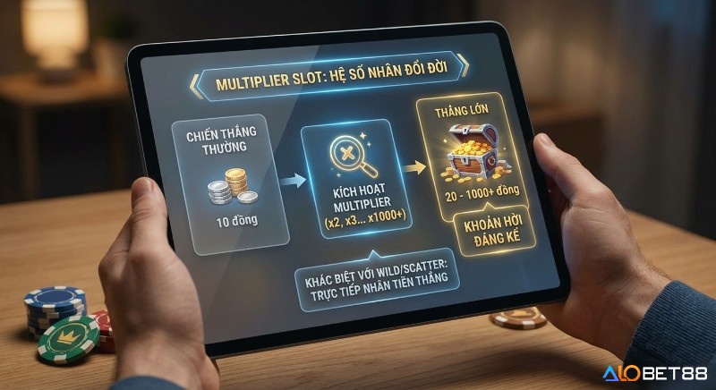 Quy trình 3 bước giải thích cơ chế Multiplier slot: từ chiến thắng thưởng đến kích hoạt hệ số nhân x1000+ và thắng lớn trong multiplier trong Slot là gì