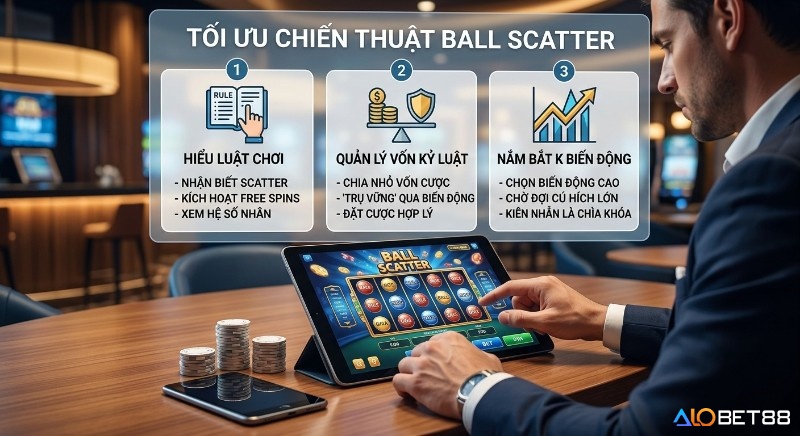 Tổng quan chiến lược 3 bước tối ưu chiến thuật Ball scatter game slot hiệu quả, gồm hiểu luật, quản lý vốn kỷ luật và nắm bắt biến động để tăng cơ hội thắng