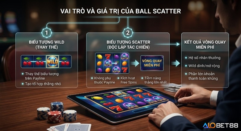 Bảng so sánh vai trò biểu tượng Wild và Ball scatter là gì, giải thích cách Scatter kích hoạt vòng quay miễn phí mang lại thắng lớn
