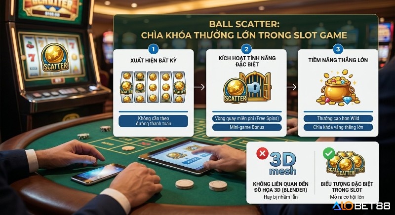Infographic giải thích Ball scatter là gì trong slot game: biểu tượng kích hoạt vòng quay miễn phí, thưởng lớn, không liên quan 3D mesh